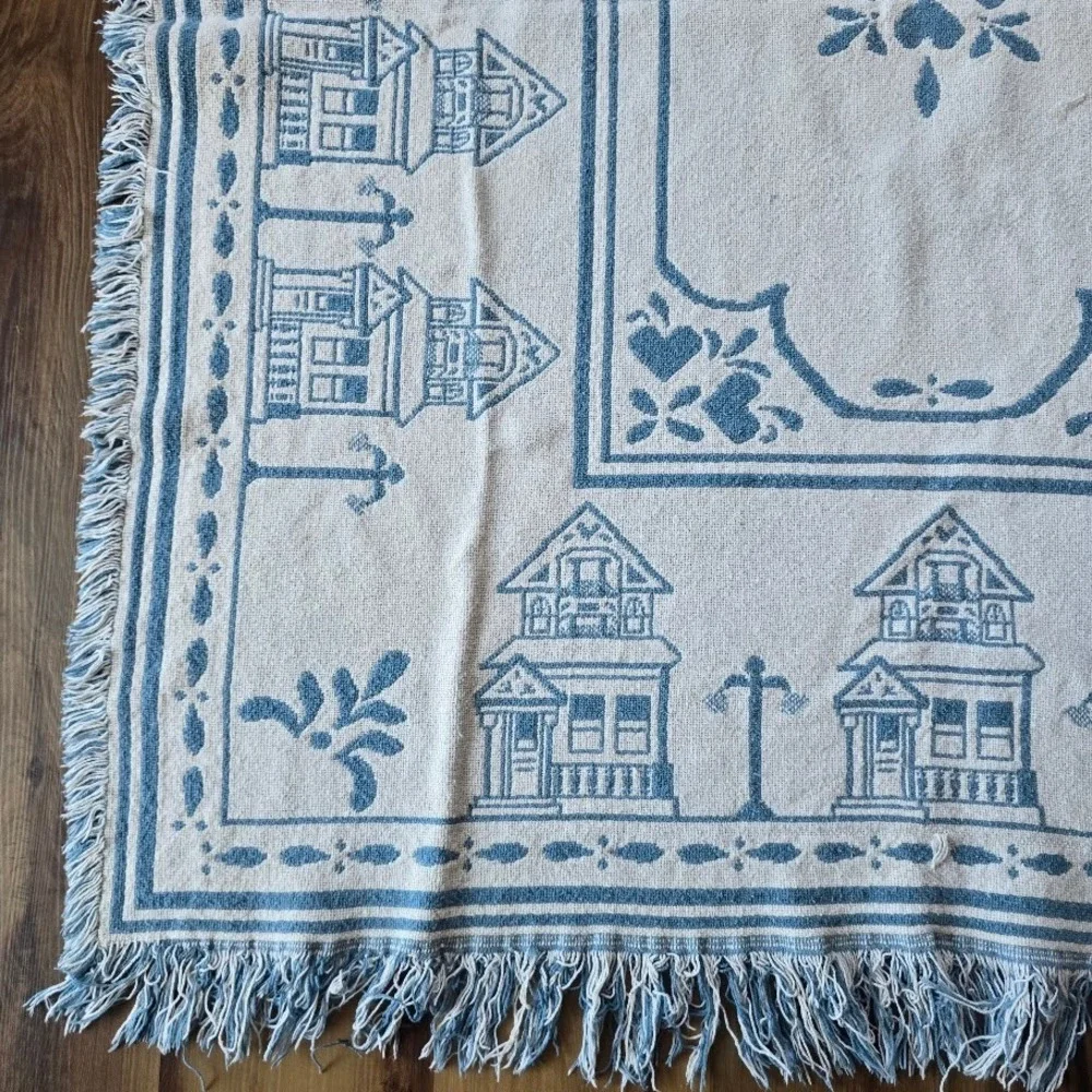 Vtg 80s/90s Blue Victorian House Woven Throw Blanket Hearts Country Cottagecore‎
